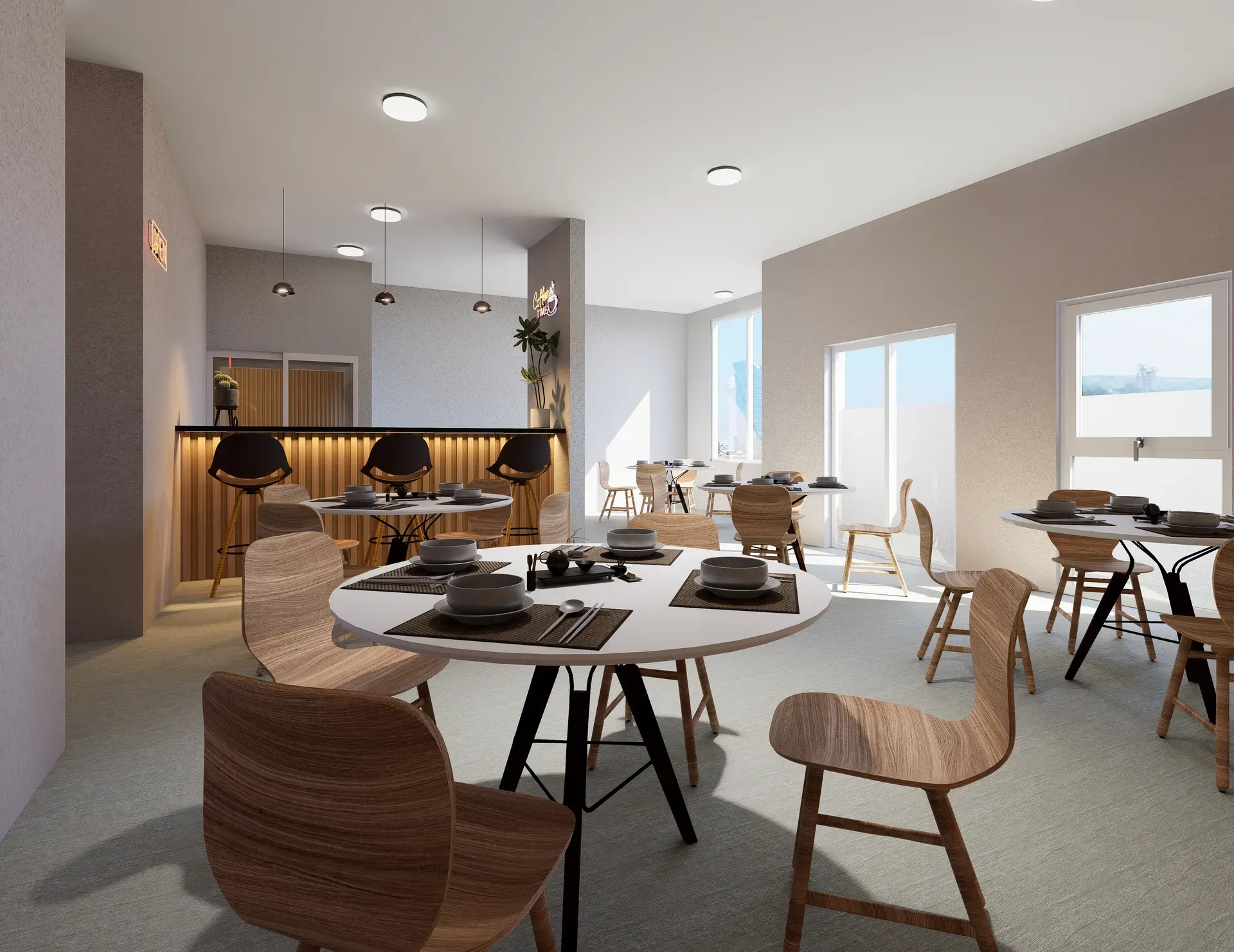 Salón comedor y cowork de las áreas sociales de Community Alto Norte.