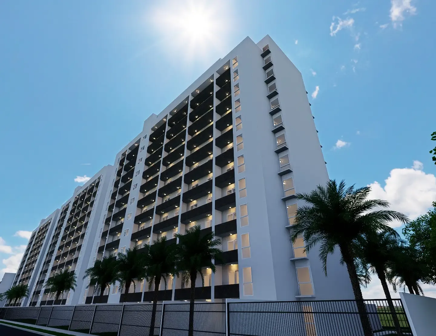 Render de la fachada del edificio Community Alto Norte bajo un cielo despejado.